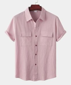 Mens Solid Colour Casual Cotton Linen Short Sleeve Shirt