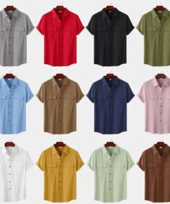 Mens Solid Colour Casual Cotton Linen Short Sleeve Shirt