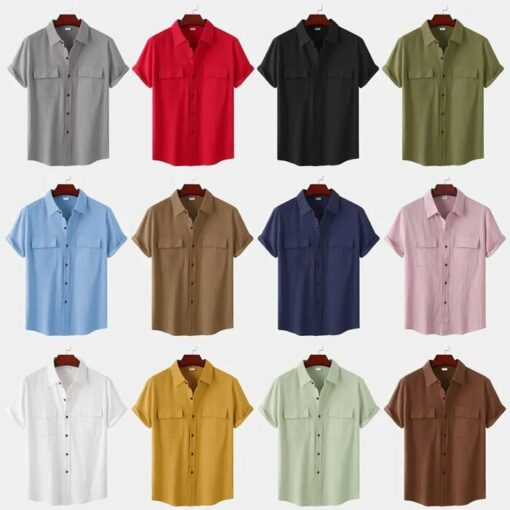 Mens Solid Colour Casual Cotton Linen Short Sleeve Shirt