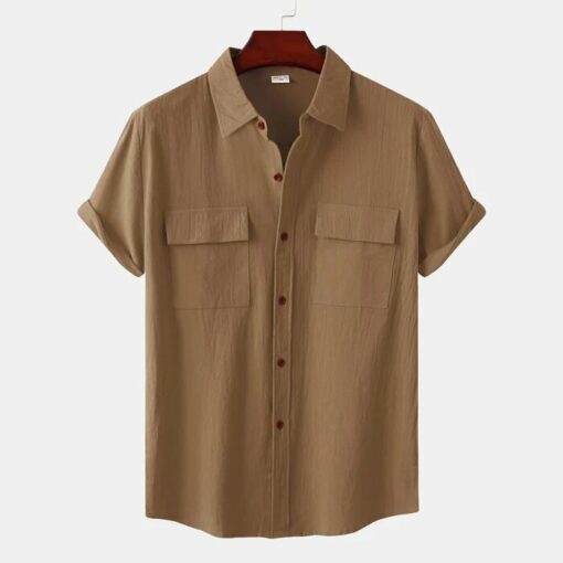 Mens Solid Colour Casual Cotton Linen Short Sleeve Shirt - Image 12