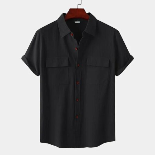 Mens Solid Colour Casual Cotton Linen Short Sleeve Shirt