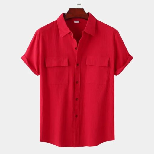 Mens Solid Colour Casual Cotton Linen Short Sleeve Shirt - Image 4