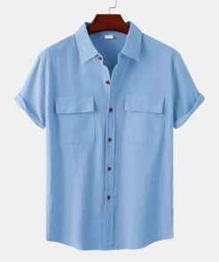 Mens Solid Colour Casual Cotton Linen Short Sleeve Shirt