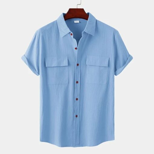 Mens Solid Colour Casual Cotton Linen Short Sleeve Shirt