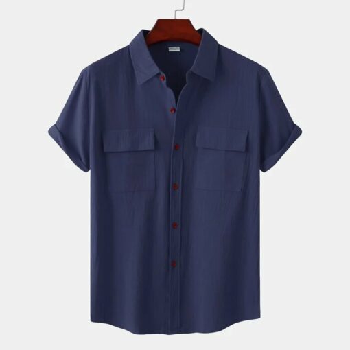 Mens Solid Colour Casual Cotton Linen Short Sleeve Shirt