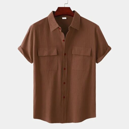 Mens Solid Colour Casual Cotton Linen Short Sleeve Shirt - Image 7