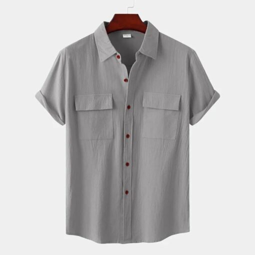 Mens Solid Colour Casual Cotton Linen Short Sleeve Shirt - Image 8