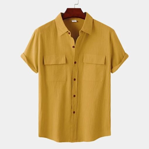 Mens Solid Colour Casual Cotton Linen Short Sleeve Shirt - Image 10