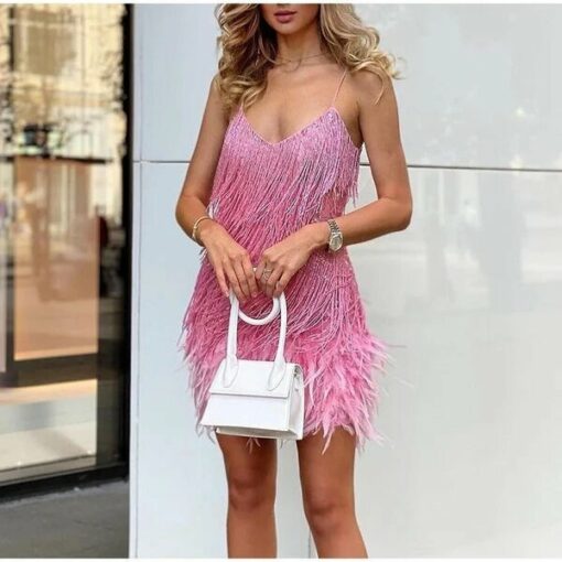 Womens Feather Fringe Sequin Spaghetti Strap Dress