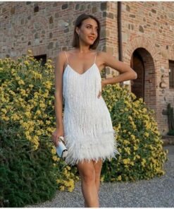 Womens Feather Fringe Sequin Spaghetti Strap Dress