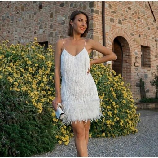 Womens Feather Fringe Sequin Spaghetti Strap Dress