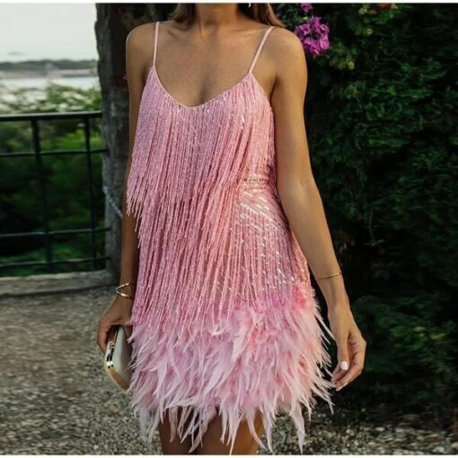 Womens Feather Fringe Sequin Spaghetti Strap Dress - Image 6